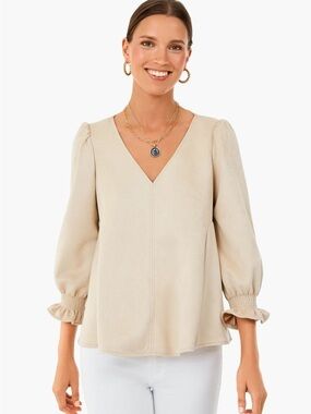 Tuckernuck Cream V-Neck Puff Sleeve Blouse with Ruffle Cuffs